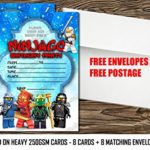 Invitation de fête d'anniversaire Lego Ninjago, Lego Ninjago Invitation épais Cartes + enveloppes, 8