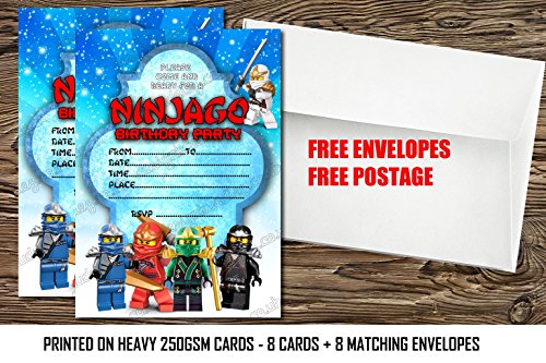 8  cartes +  8 enveloppes pour inviter tes amis à ta fête d’anniversaire Lego Ninjago