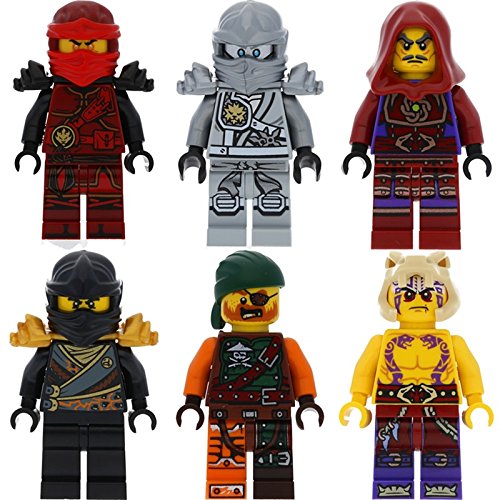 Six figurines LEGO Ninjago  – Cole, Zane et  Kai, Clouse, Krait et Bucko et 12 armes