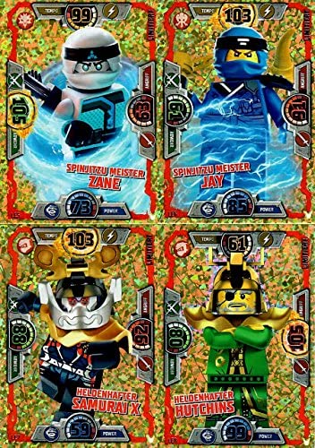 Lego Ninjago Série 3 – 4 cartes édition limitée Or – LE5 Zane, LE6 Jay, LE7 Samurai X, LE8 Hutchins