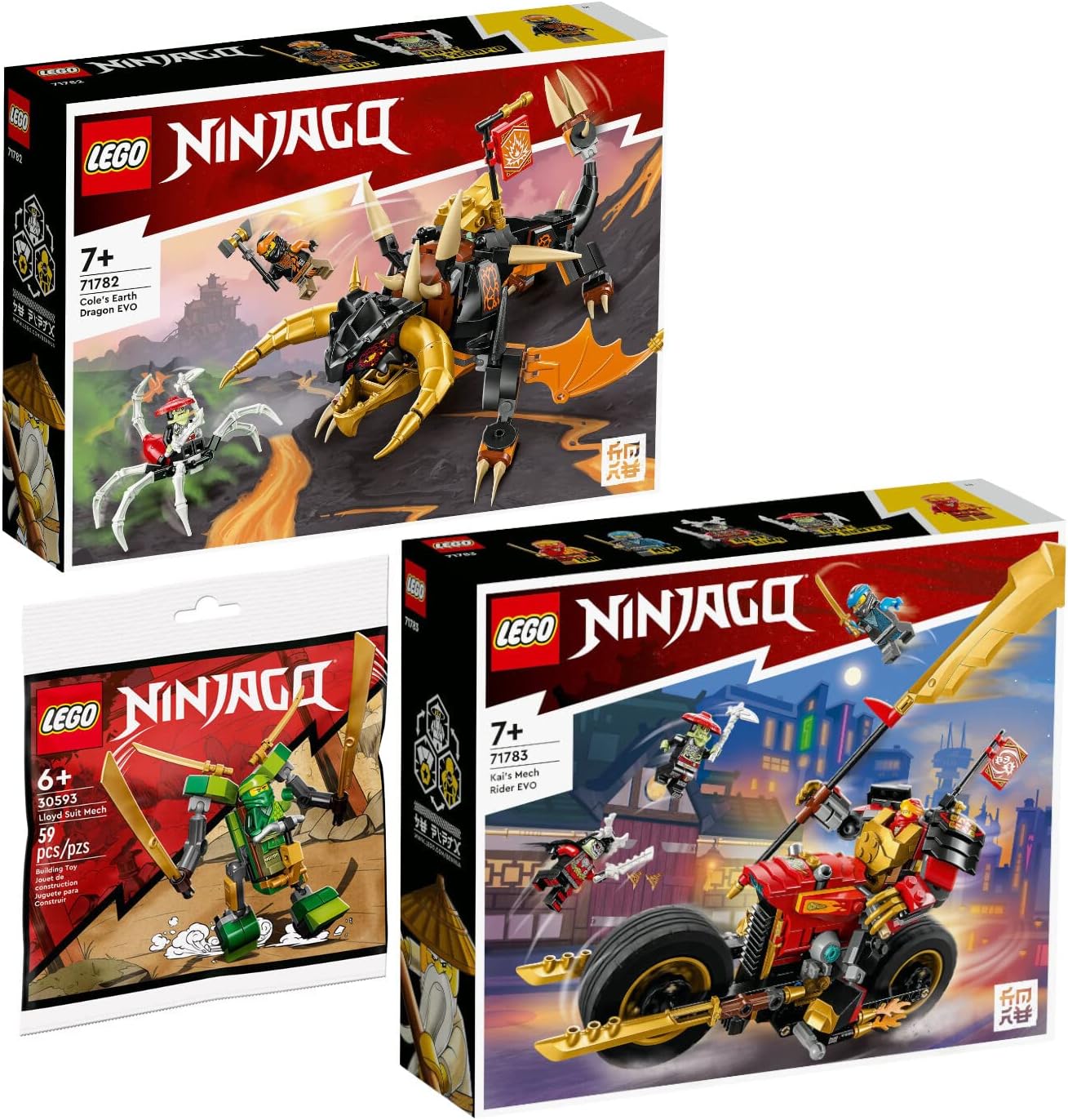 Lego Ninjago 71782 Coles Evo, 71783 Kais Mech Bike EVO & 30593 Lloyd Suit Mech Polybag